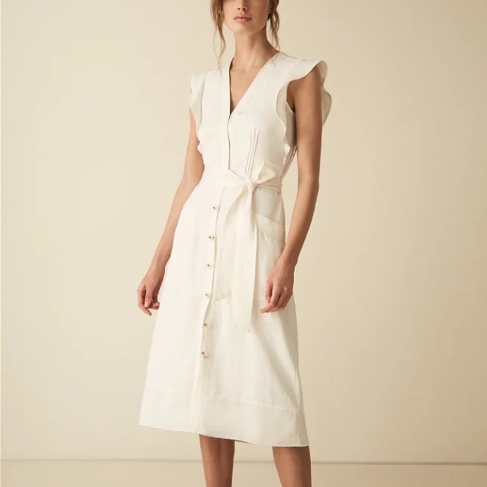 Reiss Enid linen blend midi ruffle button down dress NWT